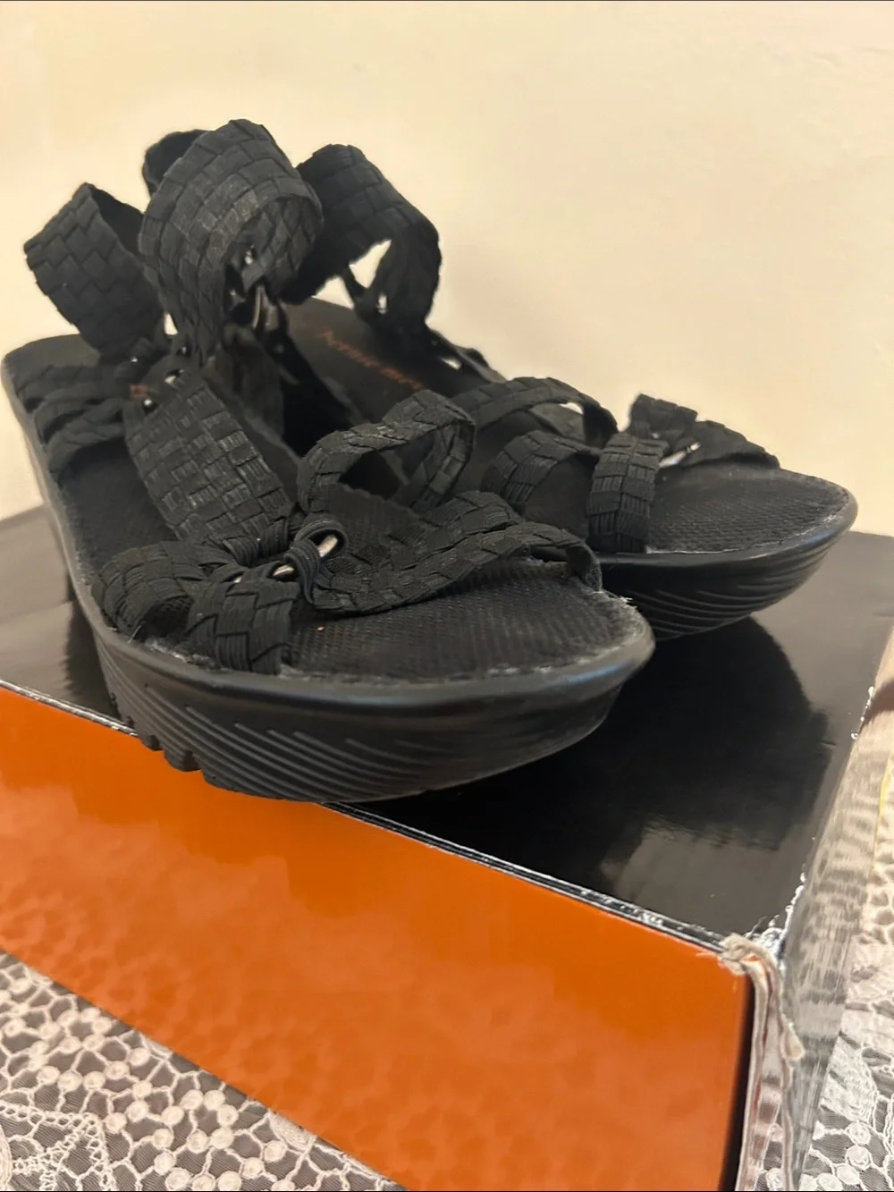 Bernie Mev. Crystal Black Woven Platform Sandals Size 37 with Box
